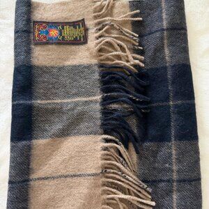 100% Cashmere Plaid Scarf – Neutral Tones (Beige / Navy / Gray)